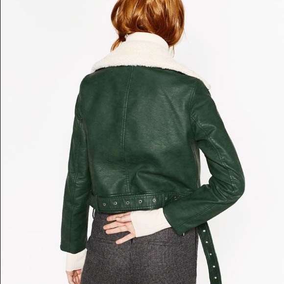 Zara Leather Green Jacket with removal Collar - Picture 3 of 16
